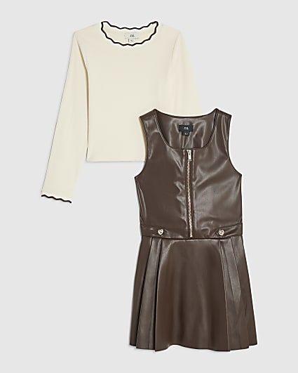Girls Brown Heart Stud Pleated Pinafore Dress