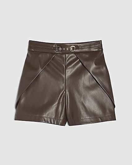 Girls Brown Faux Leather Tulip Pleated Shorts