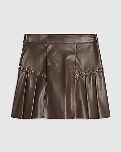 Girls Brown Heart Studded Pleated Skirt