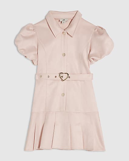 Girls Pink Faux Suede Belted Shirt Dress