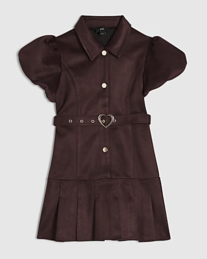 Girls Red Faux Suede Belted Shirt Dress