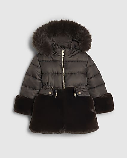 Mini Girls Brown Hybrid Fur Cinch Padded Coat