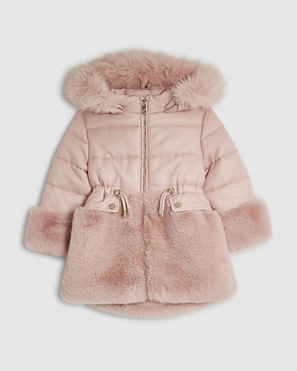 Mini Girls Pink Hybrid Fur Cinch Padded Coat