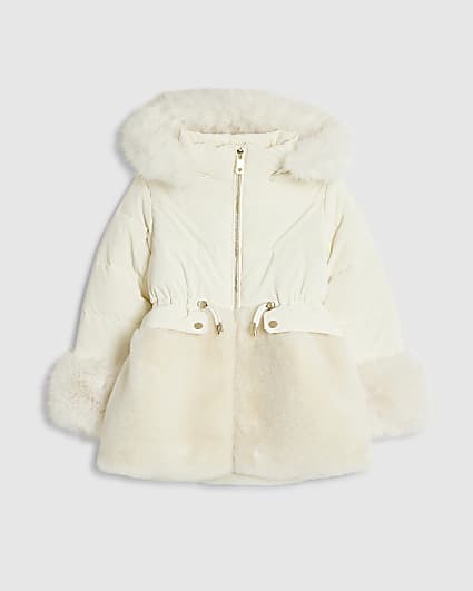 Girls Cream Hybrid Fur Cinch Padded Coat