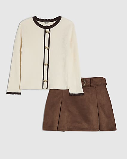 Mini Girls Brown Faux Suede Skort Set