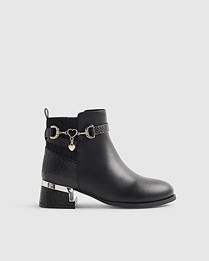 Girls Black Heel Croc Buckle Boots