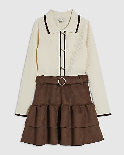 Girls Brown Faux Suede Skirt Set