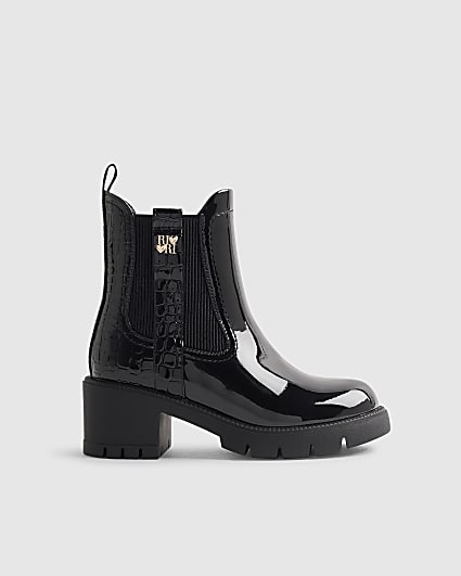 Girls Black Patent Snake Heeled Chelsea Boots