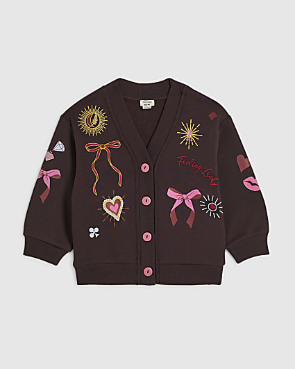 Mini Girls Brown Icon Embroidered Cardigan