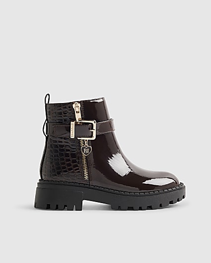 Girls Brown Chocolate Croc Zip Up Boot