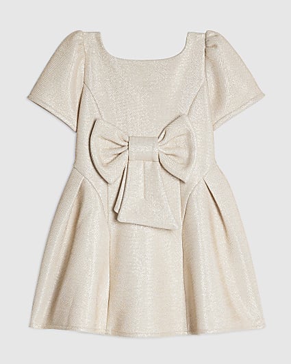 Mini Girls Beige Glitter Bow Dress