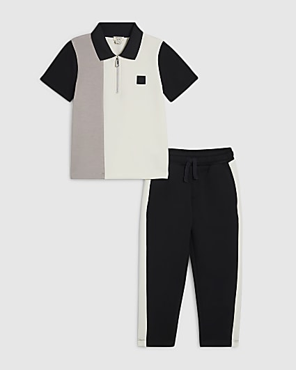 Mini Boys Black Premium Polo Shirt Set