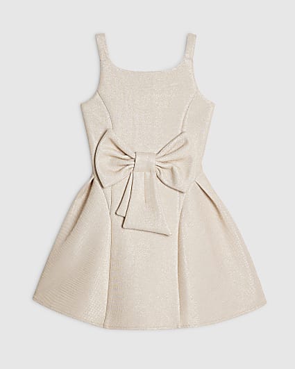 Girls Beige Glitter Bow Premium Dress