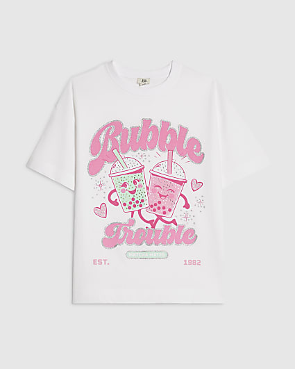 Girls White Cotton Bubble Trouble T-Shirt