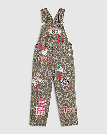 Mini Girls Brown Leopard Print Dungarees