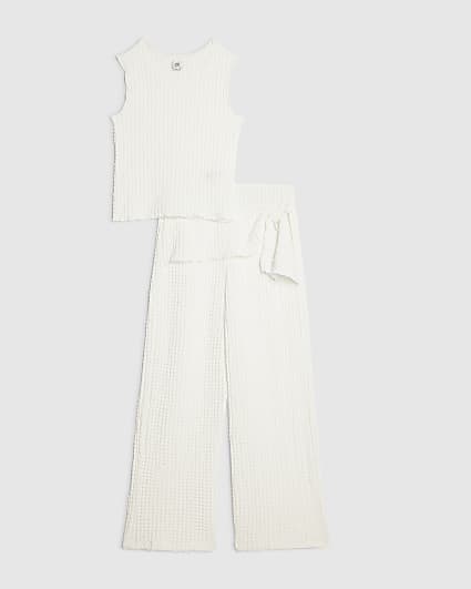 Girls White Textured Top & Trouser Set