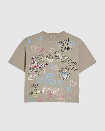 Girls Beige Graffiti Print T-Shirt
