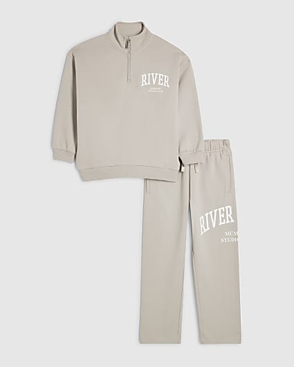 Boys Beige RI Funnel Sweatshirt Set