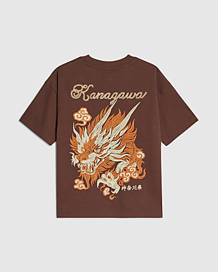 Boys Brown Embroidered Dragon T-Shirt