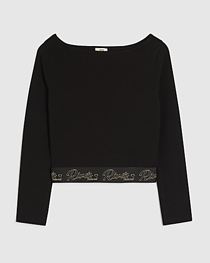 Girls Black Boatneck RI Waistband Top