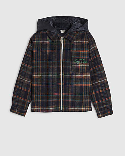 Boys Navy Quilted Check Hoodie