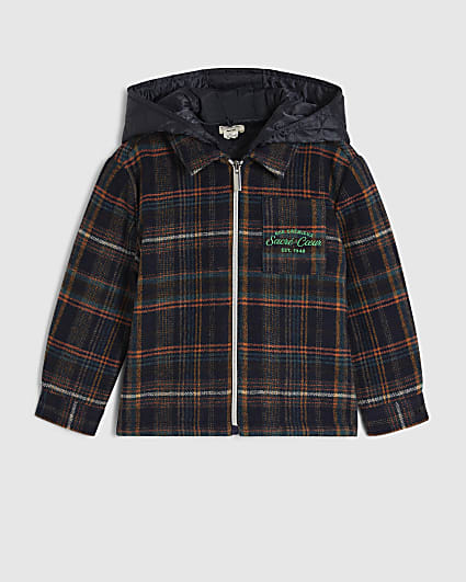 Mini Boys Navy Quilted Check Hoodie