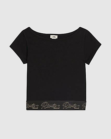 Girls Black Cap Sleeve RI Waistband Top