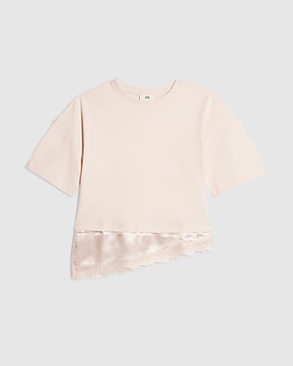 Girls Pink Satin Lace Hem T-Shirt