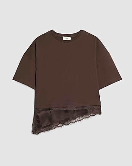 Girls Brown Satin Lace Hem T-Shirt