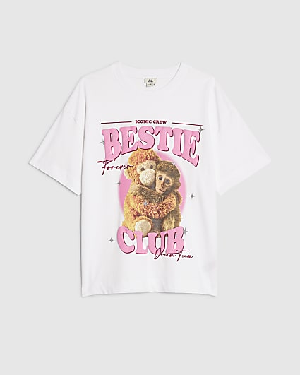 Girls White Bestie Club Monkey T-Shirt