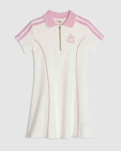 Mini Girls Cream Ribbed Cherry Polo Dress