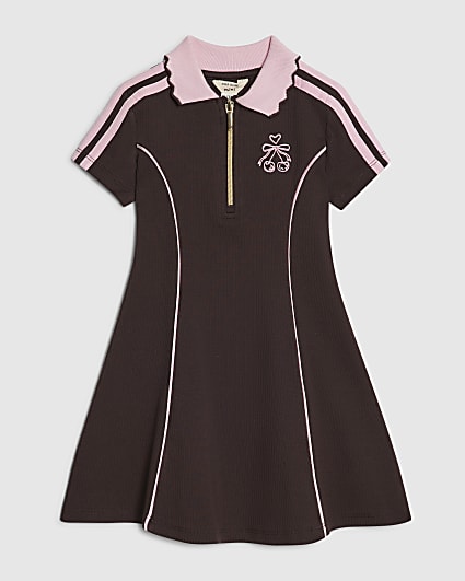 Mini Girls Brown Ribbed Zipped Polo Dress