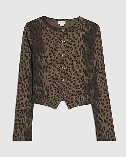 Girls Brown Leopard Print Button Up Top