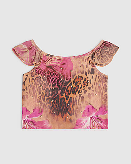 Girls Pink Leopard Frilled Short Sleeves Top