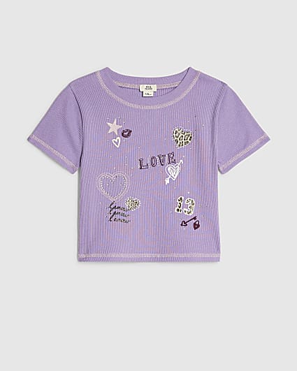 Girls Purple Sequin Embroidered Love T-Shirt