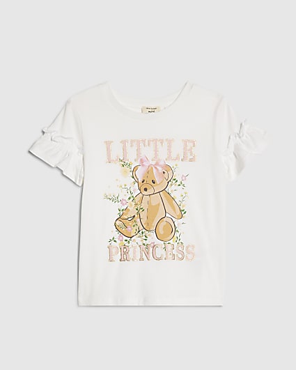 Mini Girls White Floral Bear T-Shirt