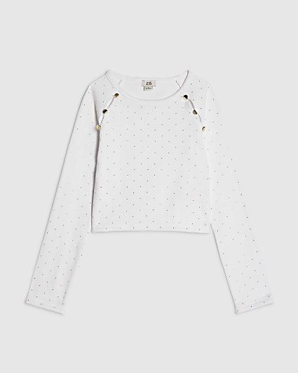 Girls White Embellished Button Ribbed Top