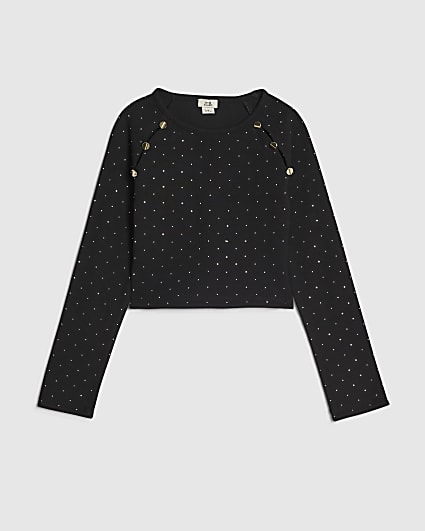 Girls Black Embellished Button Ribbed Top