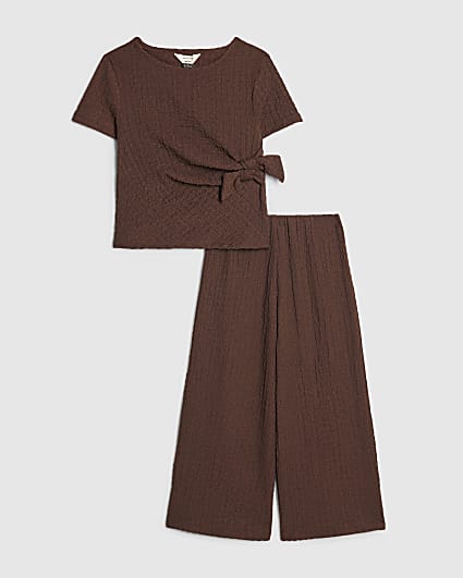 Mini Girls Brown Textured Wide Leg Set