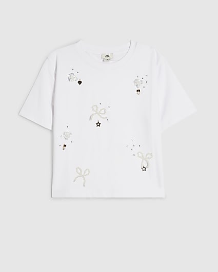 Girls Cream Bow Charm Short Sleeve T-Shirt