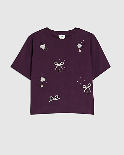 Girls Purple Bow Charm Short Sleeve T-Shirt