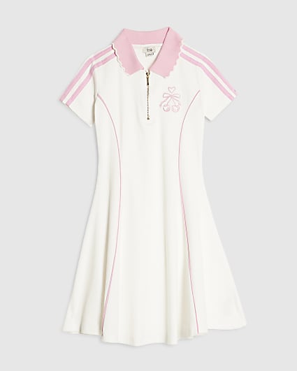 Girls Cream Ribbed Zip Cherry Bow Polo Dress