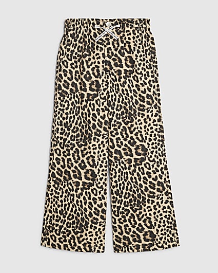 Girls Beige Leopard Print Wide Leg Jeans