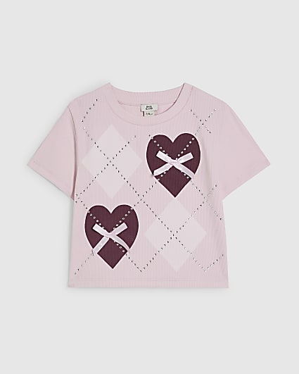 Girls Pink Embellished Heart Argyle T-Shirt