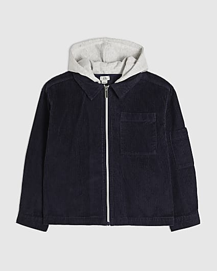 Boys Navy Corduroy Hooded Overshirt