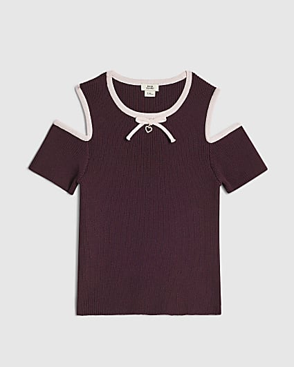 Girls Purple Cut Out Shoulder Bow Top
