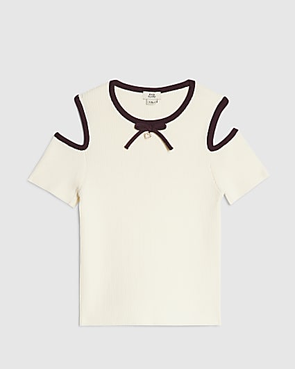 Girls Cream Cut Out Shoulder Bow Top