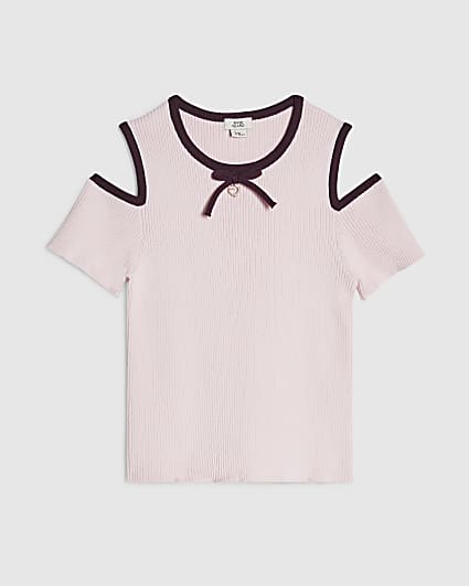 Girls Pink Cut Out Shoulder Bow Top