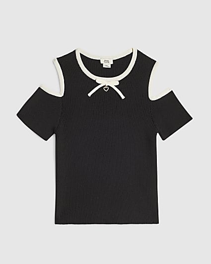 Girls Black Cut Out Shoulder Bow Top