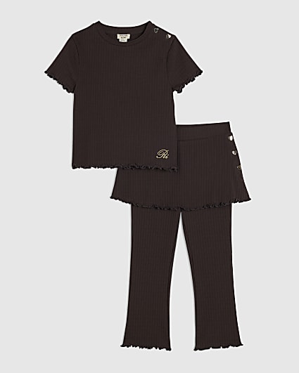 Mini Girls Brown Textured Skirt Set